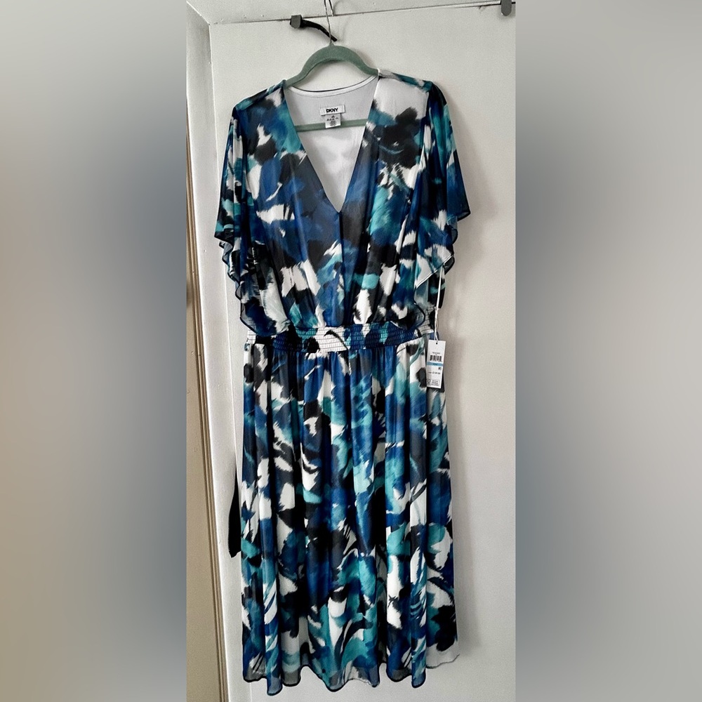 DKNY Blue Floral V-Neck Dress